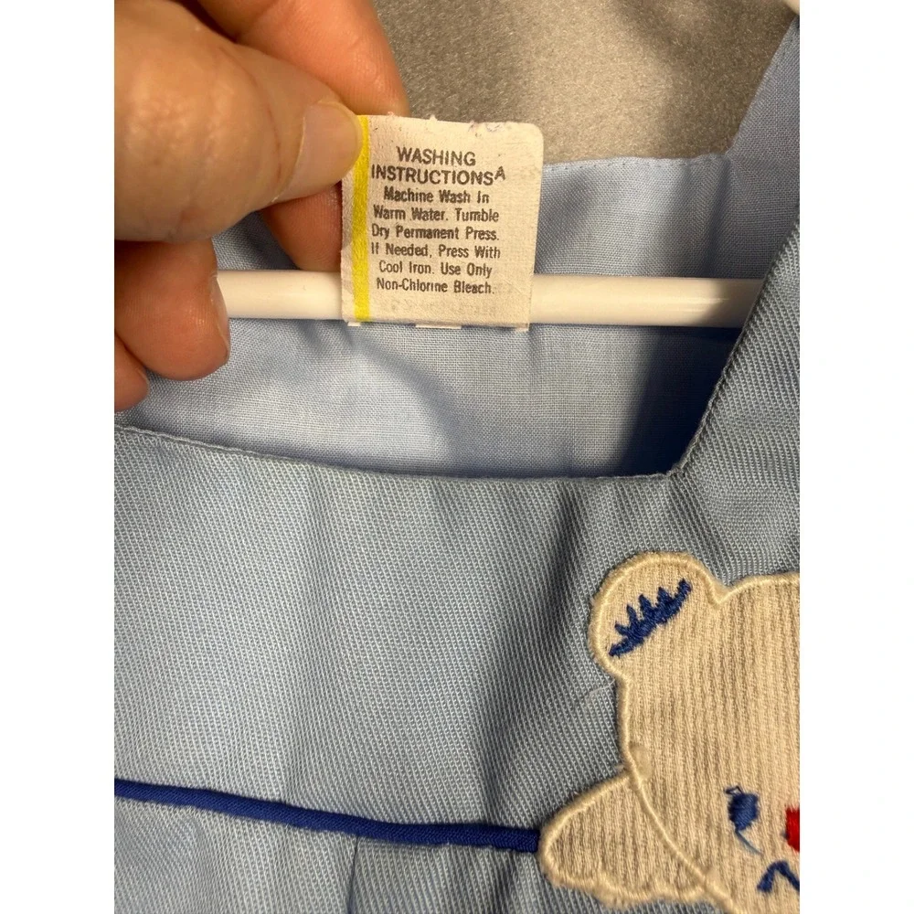 Vintage Baby Boy Blue Gingham Shirt and Fishing Bear Embroidered Romper Set 12M